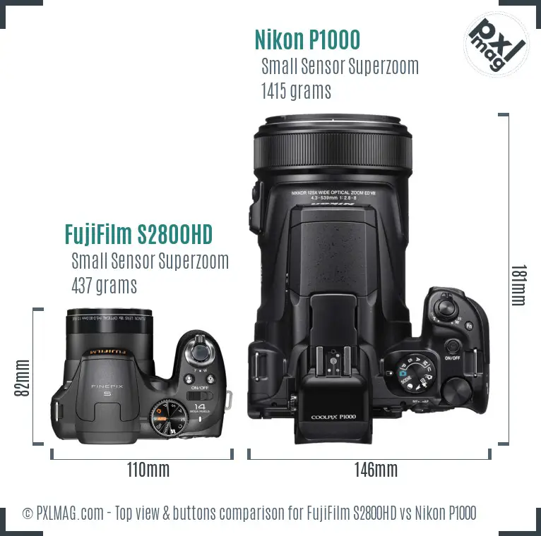 FujiFilm S2800HD vs Nikon P1000 top view buttons comparison