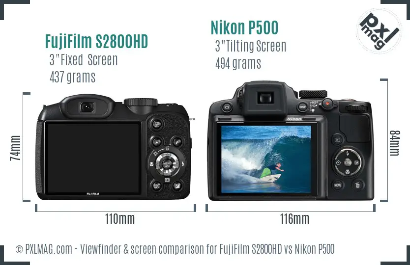 FujiFilm S2800HD vs Nikon P500 Screen and Viewfinder comparison