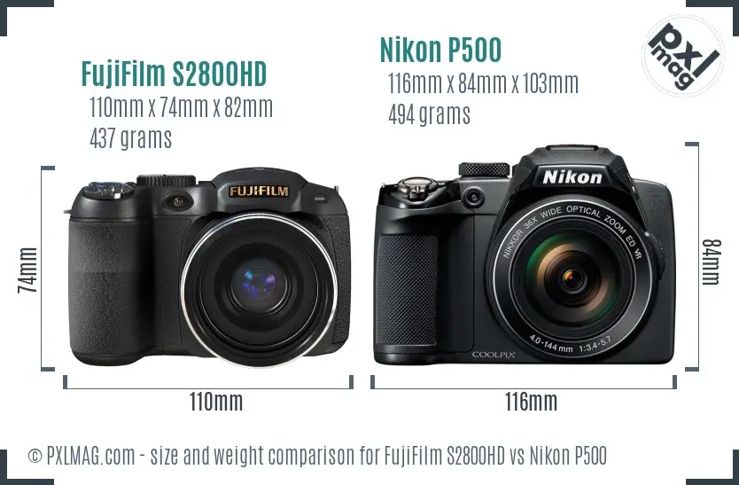 FujiFilm S2800HD vs Nikon P500 size comparison
