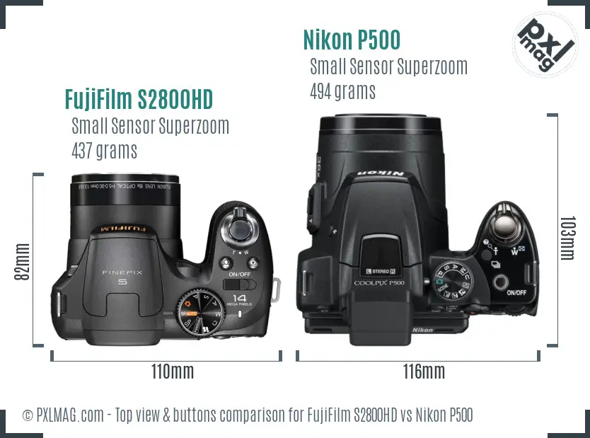 FujiFilm S2800HD vs Nikon P500 top view buttons comparison