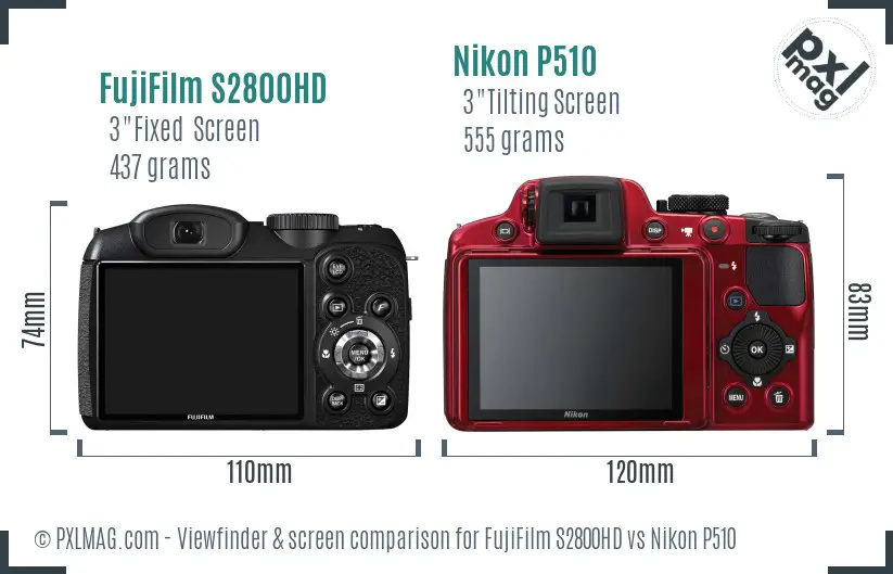 FujiFilm S2800HD vs Nikon P510 Screen and Viewfinder comparison