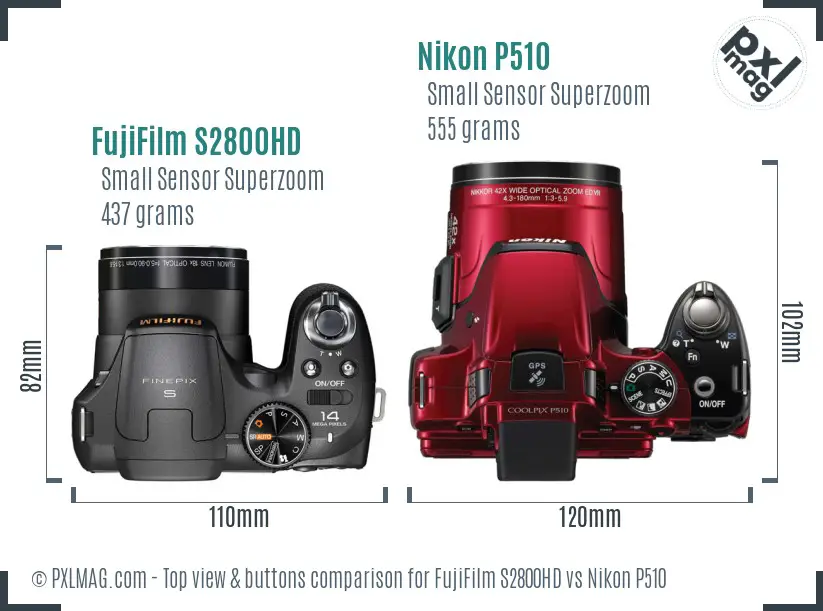 FujiFilm S2800HD vs Nikon P510 top view buttons comparison