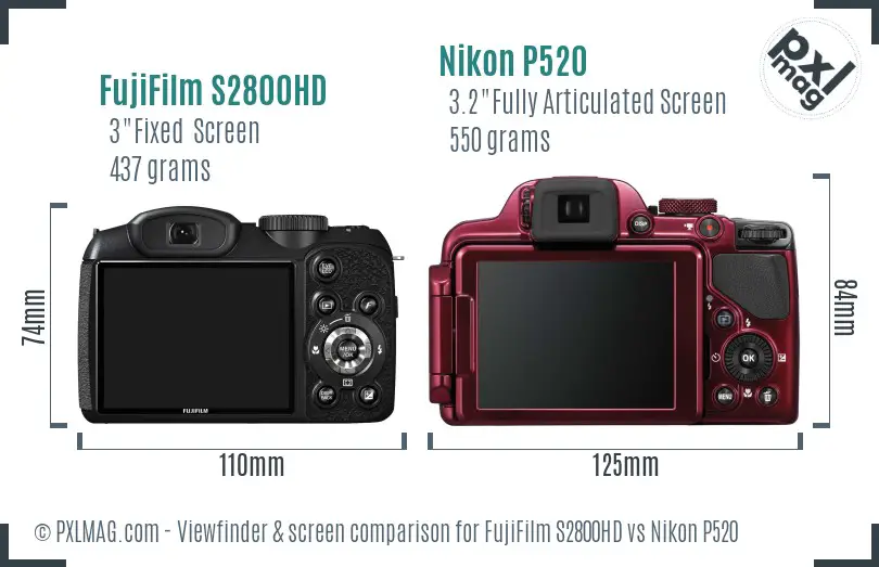 FujiFilm S2800HD vs Nikon P520 Screen and Viewfinder comparison