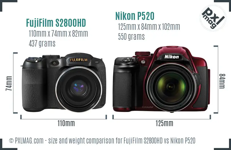 FujiFilm S2800HD vs Nikon P520 size comparison