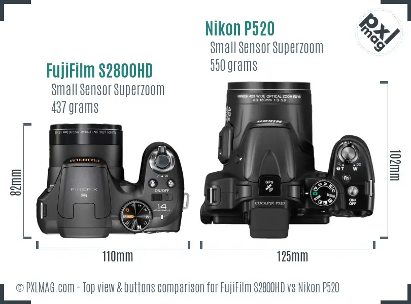 FujiFilm S2800HD vs Nikon P520 top view buttons comparison