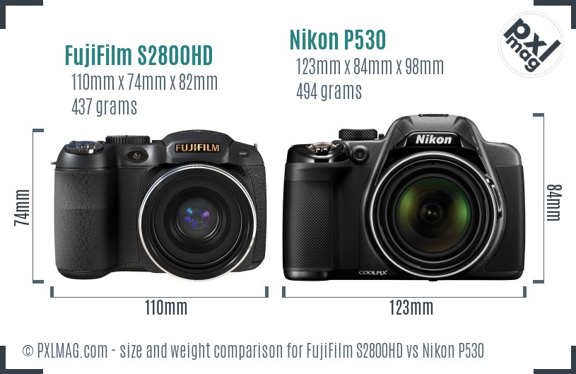 FujiFilm S2800HD vs Nikon P530 size comparison