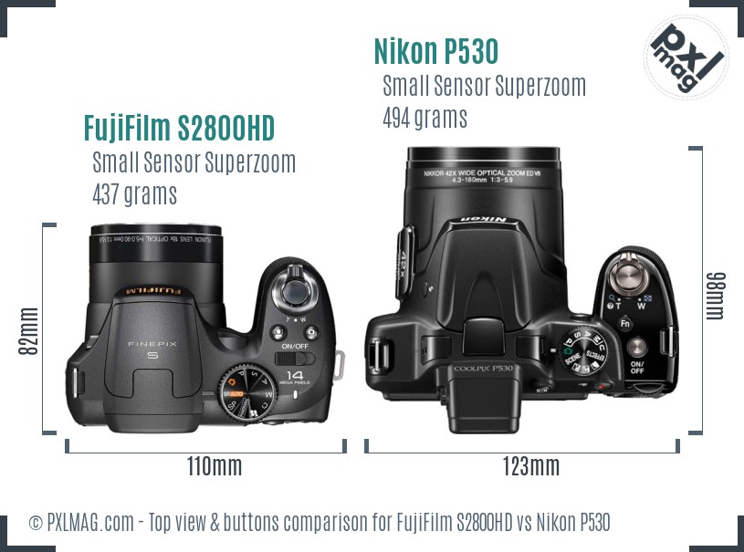 FujiFilm S2800HD vs Nikon P530 top view buttons comparison
