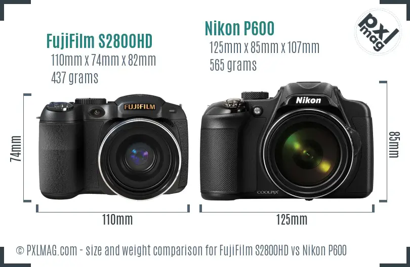 FujiFilm S2800HD vs Nikon P600 size comparison