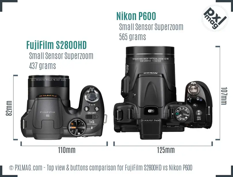 FujiFilm S2800HD vs Nikon P600 top view buttons comparison