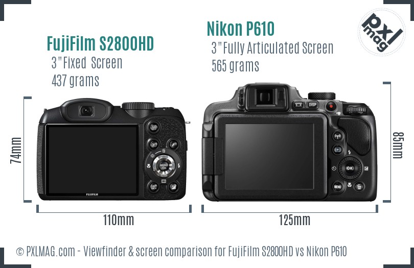 FujiFilm S2800HD vs Nikon P610 Screen and Viewfinder comparison
