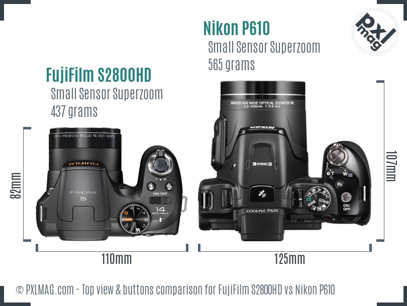 FujiFilm S2800HD vs Nikon P610 top view buttons comparison
