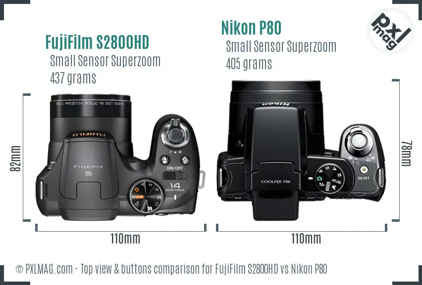 FujiFilm S2800HD vs Nikon P80 top view buttons comparison FujiFilm S2800HD vs Nikon P80 top view buttons comparison
