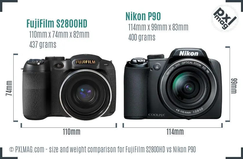 FujiFilm S2800HD vs Nikon P90 size comparison