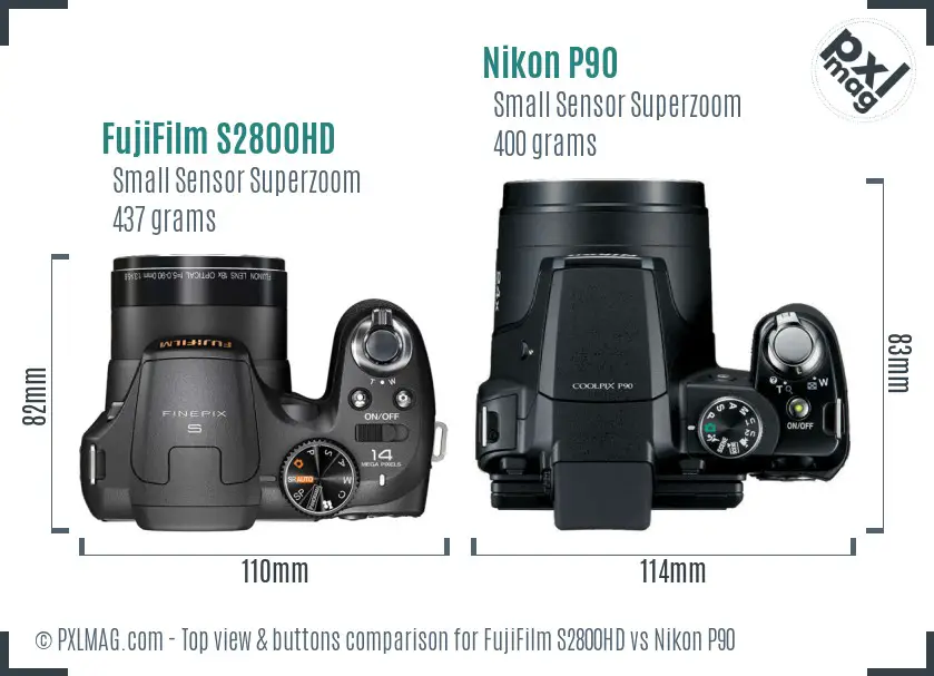 FujiFilm S2800HD vs Nikon P90 top view buttons comparison