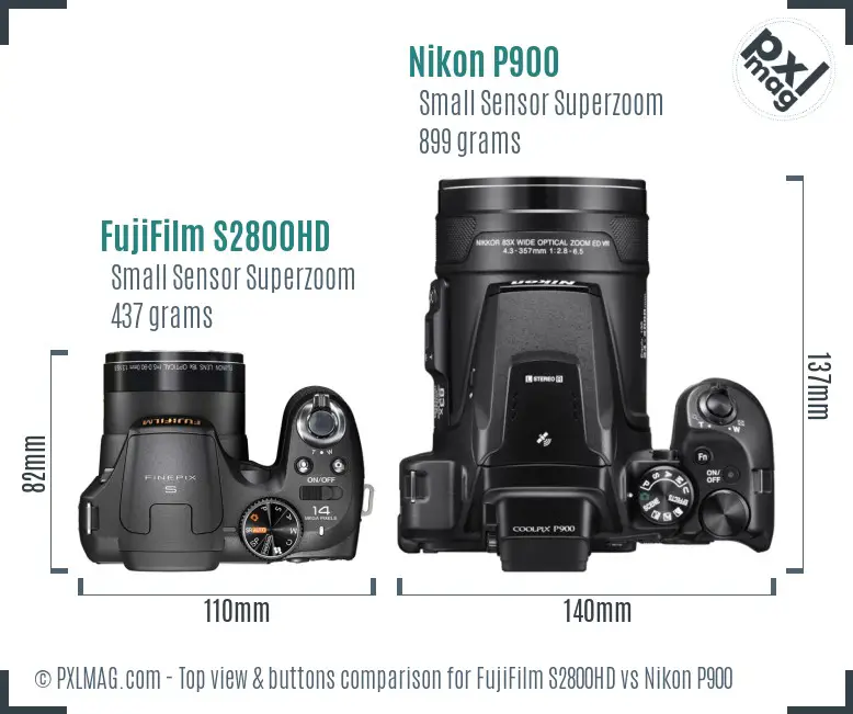 FujiFilm S2800HD vs Nikon P900 top view buttons comparison FujiFilm S2800HD vs Nikon P900 top view buttons comparison