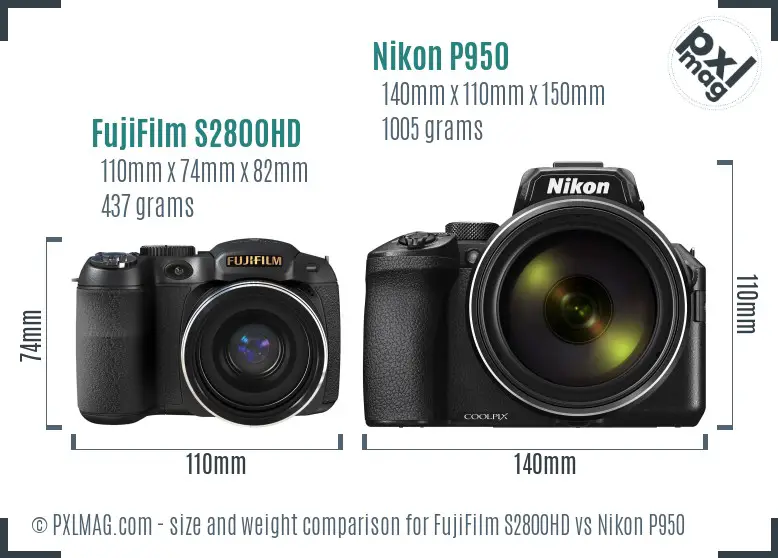 FujiFilm S2800HD vs Nikon P950 size comparison