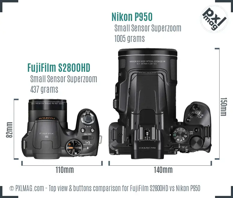 FujiFilm S2800HD vs Nikon P950 top view buttons comparison