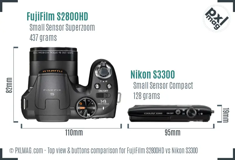 FujiFilm S2800HD vs Nikon S3300 top view buttons comparison