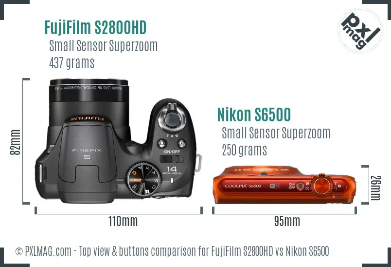 FujiFilm S2800HD vs Nikon S6500 top view buttons comparison