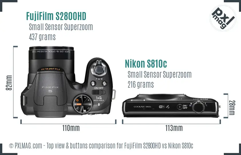 FujiFilm S2800HD vs Nikon S810c top view buttons comparison