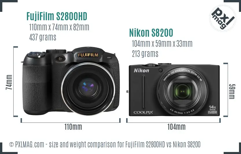 FujiFilm S2800HD vs Nikon S8200 size comparison