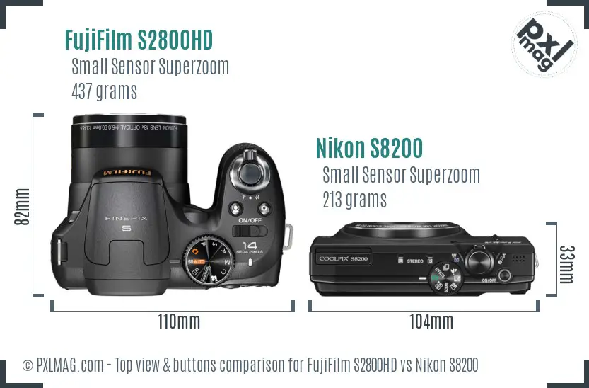 FujiFilm S2800HD vs Nikon S8200 top view buttons comparison