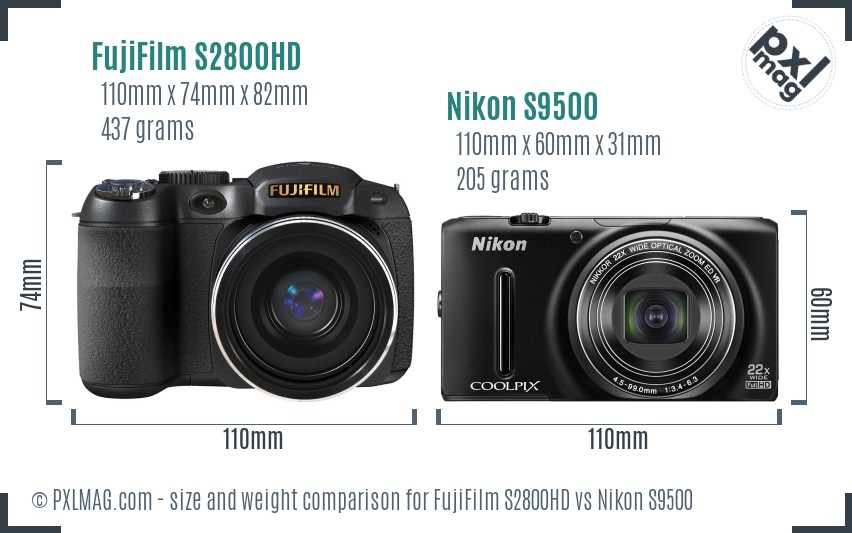 FujiFilm S2800HD vs Nikon S9500 size comparison