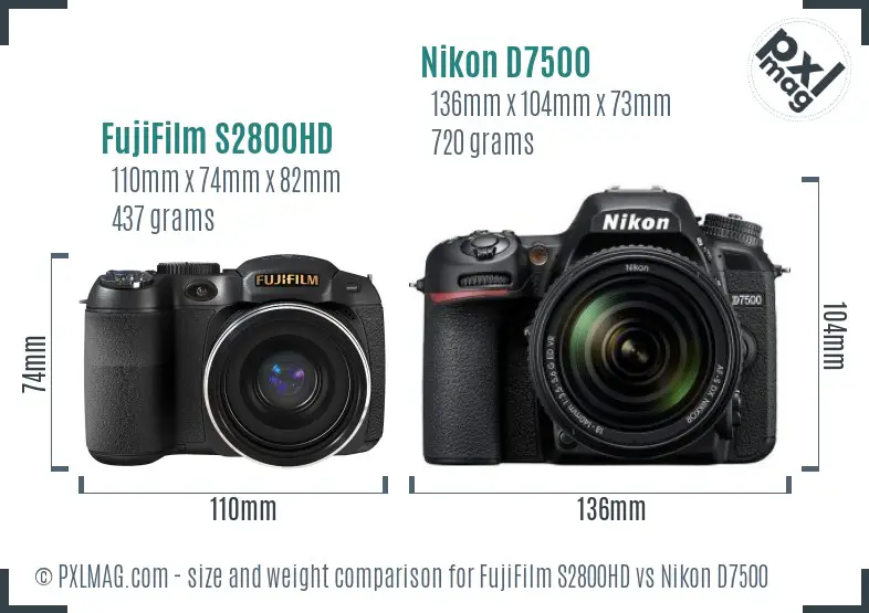 FujiFilm S2800HD vs Nikon D7500 size comparison