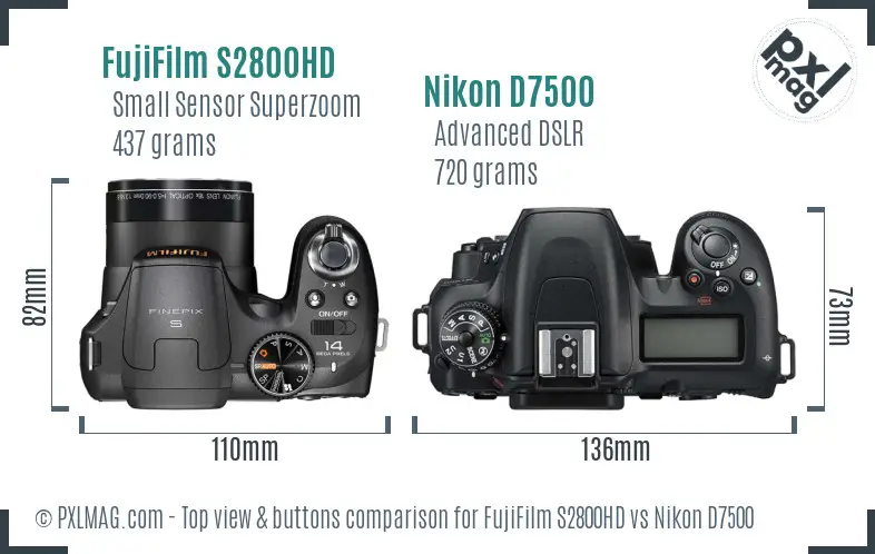 FujiFilm S2800HD vs Nikon D7500 top view buttons comparison