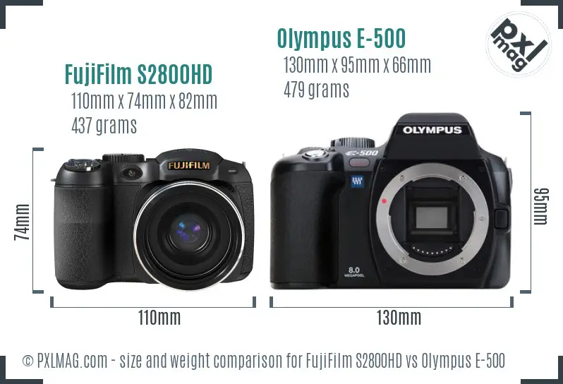 FujiFilm S2800HD vs Olympus E-500 size comparison