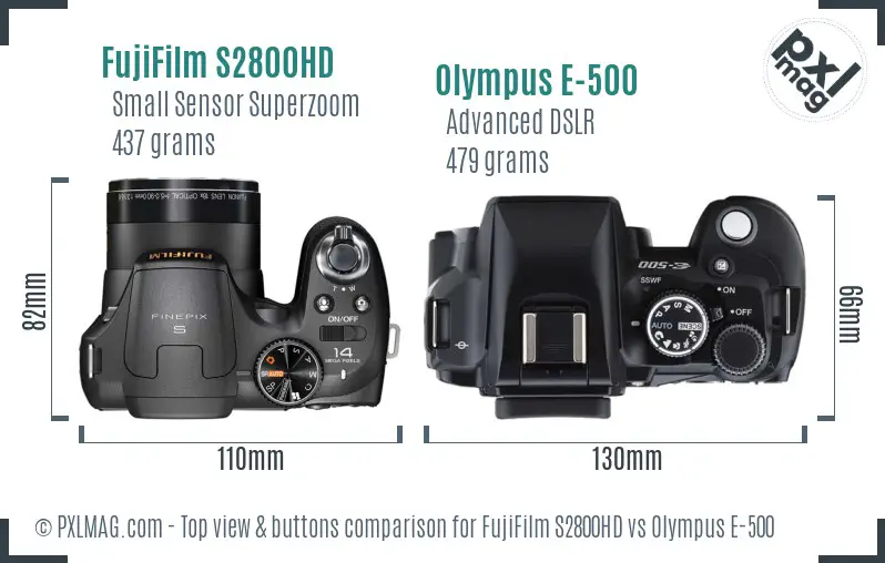 FujiFilm S2800HD vs Olympus E-500 top view buttons comparison