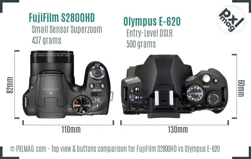 FujiFilm S2800HD vs Olympus E-620 top view buttons comparison