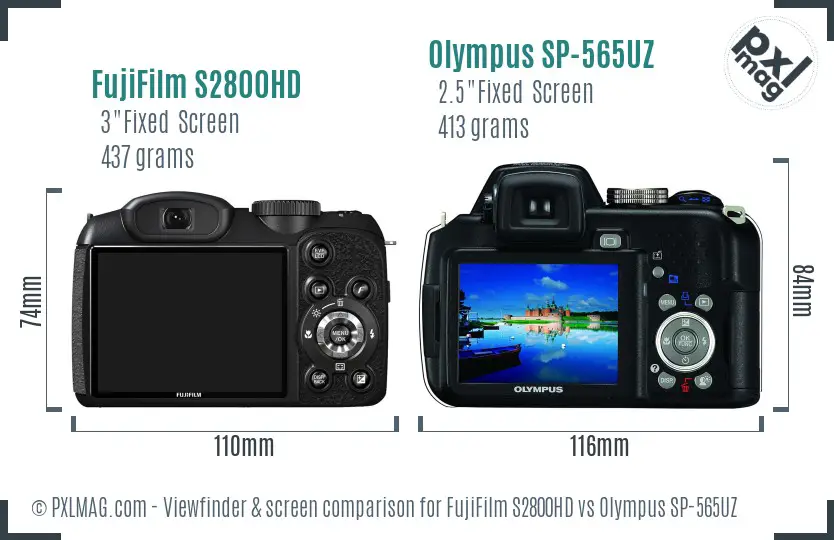 FujiFilm S2800HD vs Olympus SP-565UZ Screen and Viewfinder comparison