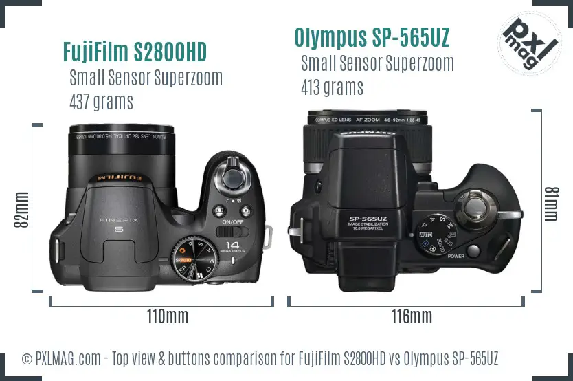 FujiFilm S2800HD vs Olympus SP-565UZ top view buttons comparison