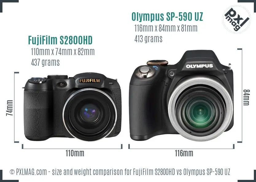 FujiFilm S2800HD vs Olympus SP-590 UZ size comparison FujiFilm S2800HD vs Olympus SP-590 UZ size comparison