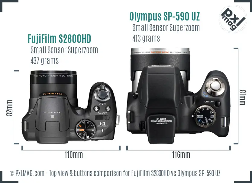 FujiFilm S2800HD vs Olympus SP-590 UZ top view buttons comparison FujiFilm S2800HD vs Olympus SP-590 UZ top view buttons comparison