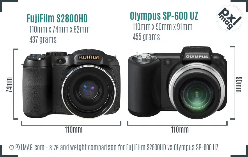 FujiFilm S2800HD vs Olympus SP-600 UZ size comparison
