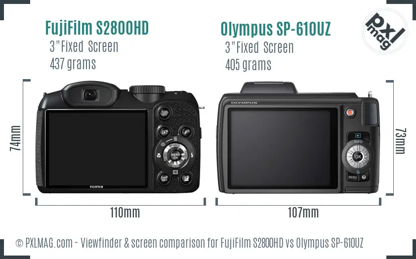 FujiFilm S2800HD vs Olympus SP-610UZ Screen and Viewfinder comparison