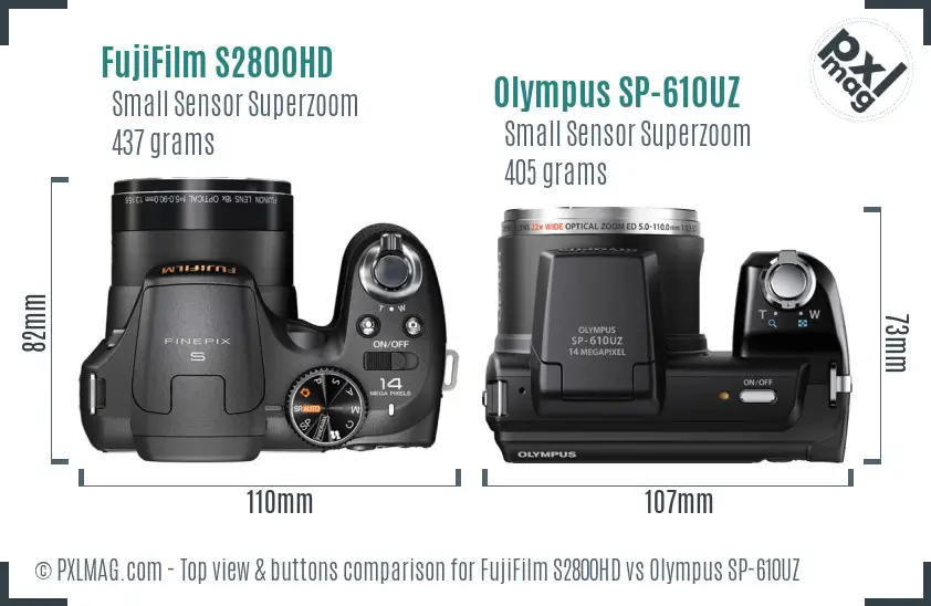 FujiFilm S2800HD vs Olympus SP-610UZ top view buttons comparison