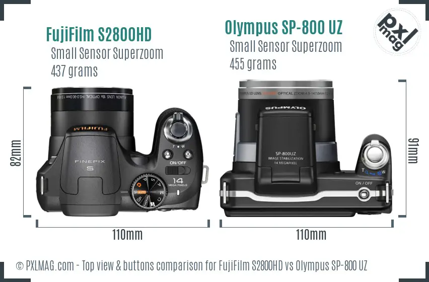FujiFilm S2800HD vs Olympus SP-800 UZ top view buttons comparison
