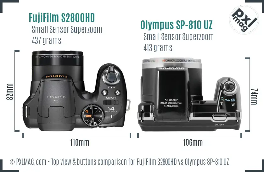 FujiFilm S2800HD vs Olympus SP-810 UZ top view buttons comparison