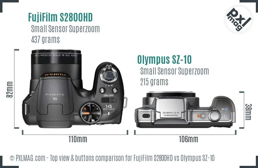 FujiFilm S2800HD vs Olympus SZ-10 top view buttons comparison