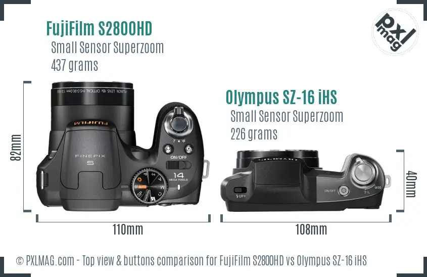 FujiFilm S2800HD vs Olympus SZ-16 iHS top view buttons comparison FujiFilm S2800HD vs Olympus SZ-16 iHS top view buttons comparison