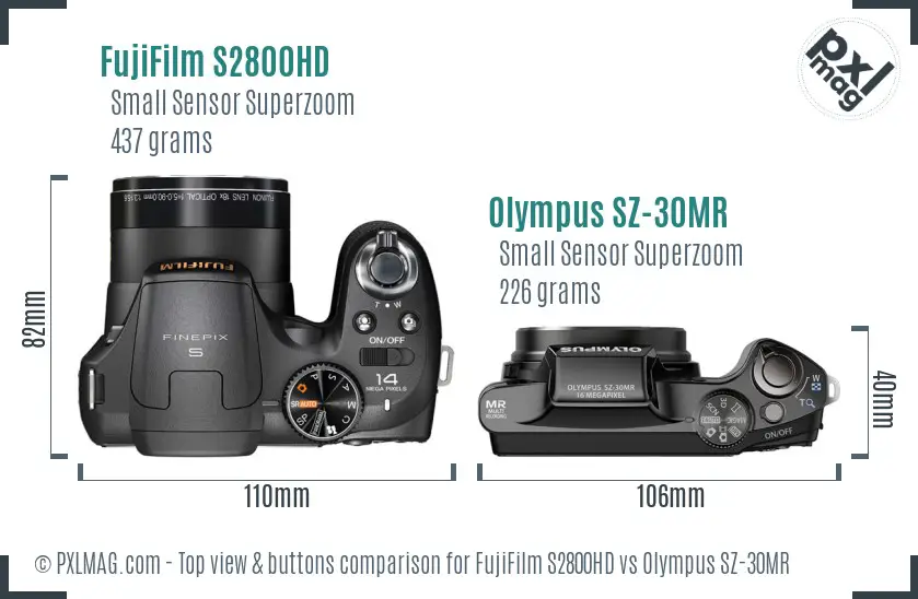 FujiFilm S2800HD vs Olympus SZ-30MR top view buttons comparison