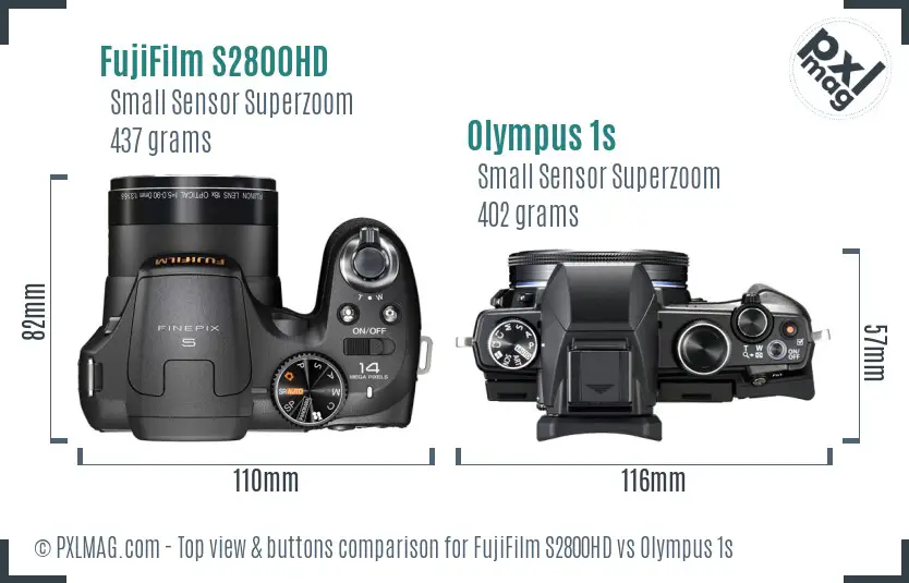 FujiFilm S2800HD vs Olympus 1s top view buttons comparison