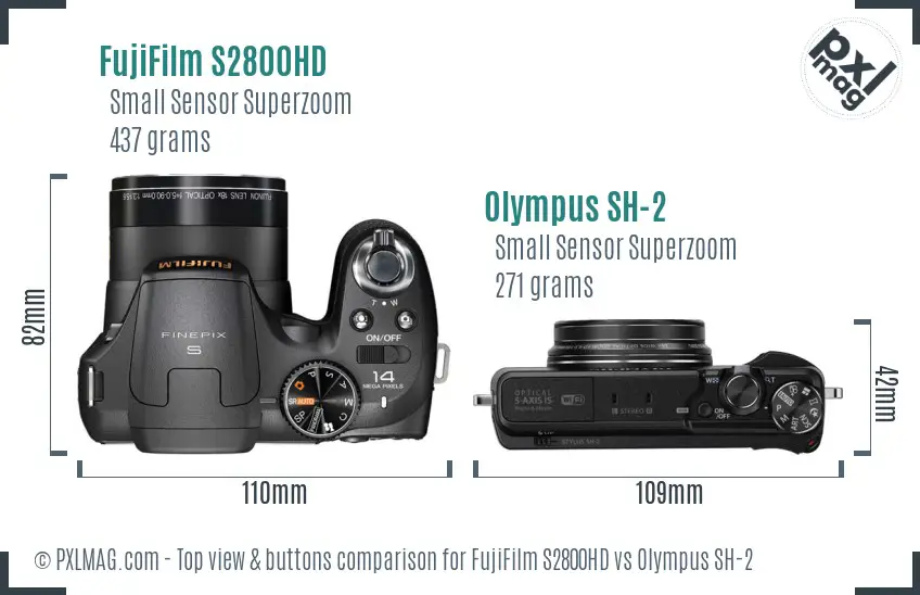 FujiFilm S2800HD vs Olympus SH-2 top view buttons comparison