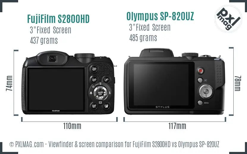FujiFilm S2800HD vs Olympus SP-820UZ Screen and Viewfinder comparison