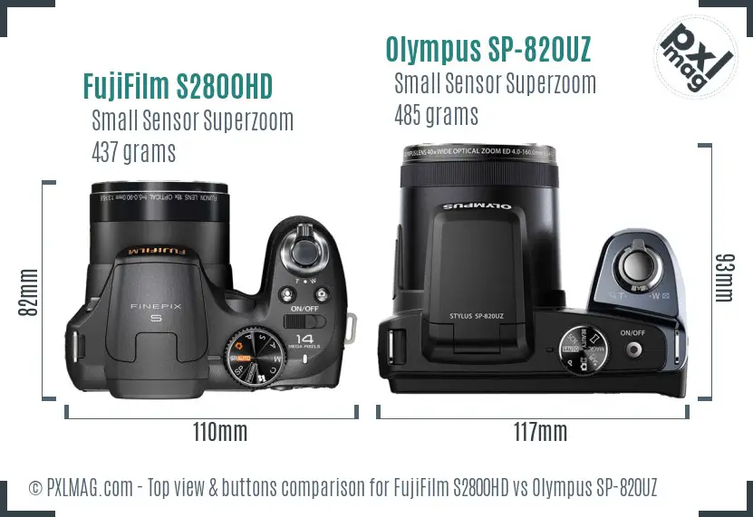 FujiFilm S2800HD vs Olympus SP-820UZ top view buttons comparison