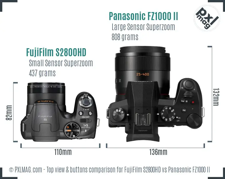 FujiFilm S2800HD vs Panasonic FZ1000 II top view buttons comparison