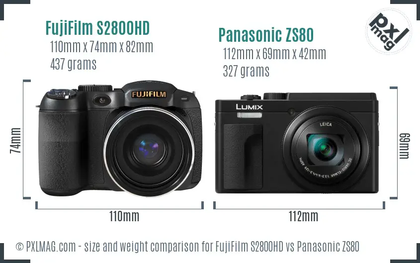 FujiFilm S2800HD vs Panasonic ZS80 size comparison